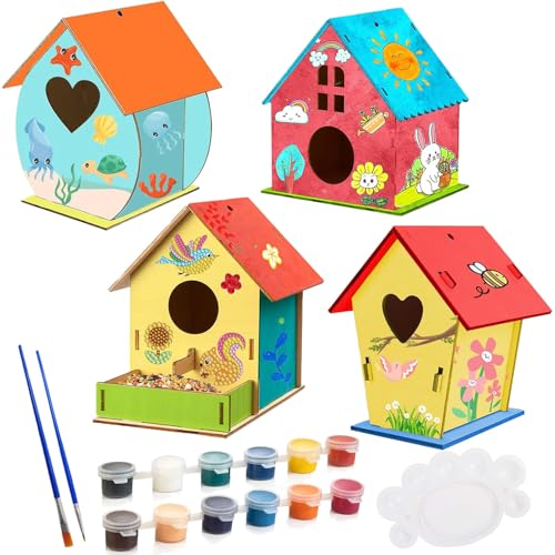 Sunshine smile 4 Stück Vogelhaus Basteln,Vogelhaus Bausatz für Kinder,Bastelset Kinder 4 Jahre,Kreative Bastelsets, Holz Puzzle Machen Set,Vogelkasten Basteln Geschenke für Mädchen Jungen Kleinkinder