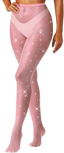 MESU Women Sparkly Rhinestone Fishnets Stockings High Waist Pantyhose Tights Pink