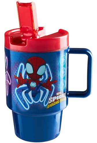 Get Trend Marvel Spiderman Kids Tumbler with Straw & Handle 500ml/17oz, Leakproof BPA Free Plastic Water Bottle, Reusable Travel Cup for Cold Drinks (Blue Spidey)