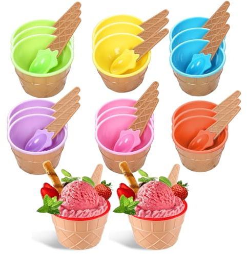 RICHSC-PAN 20 Pack Ice Cream Bowls, Cartoon Candy Color Ice Sundae Cups with Spoon. Multi-Color Reusable, Perfect for Summer Ice Cream Events and Gift Bags for Kids.