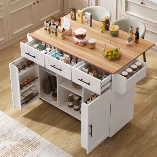 Isola della cucina con piano di lavoro pieghevole, carrello da portata mobile con 3 cassetti/2 armadietti/piedini in legno massello intercambiabili, 129 x 46 (71) x 91,5 cm