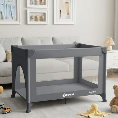 Trimigo Portable Travel Crib & Playpen - Baby Safe Folding Travel Bed w/Mattress, Breathable Mesh | Compact Lightweight Baby Bed | Pack and Play for Babies & Toddlers (Grey)