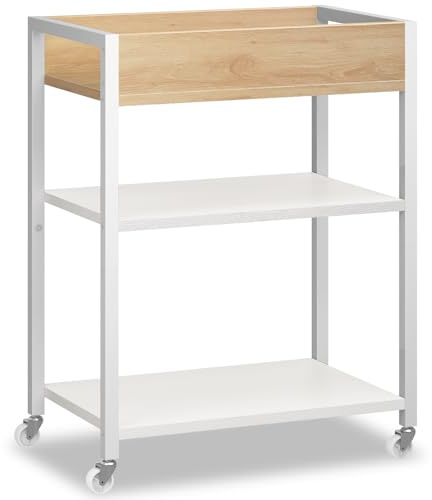 HOOBRO 3-stöckiger Servierwagen, Rollwagen mit Schutzkanten, Küchenwagen, Küchenregal, Barwagen, 64 x 40 x 85 cm, für Esszimmer, Wohnzimmer, Bars, Weiß und Holzfarbe EWN64TC01