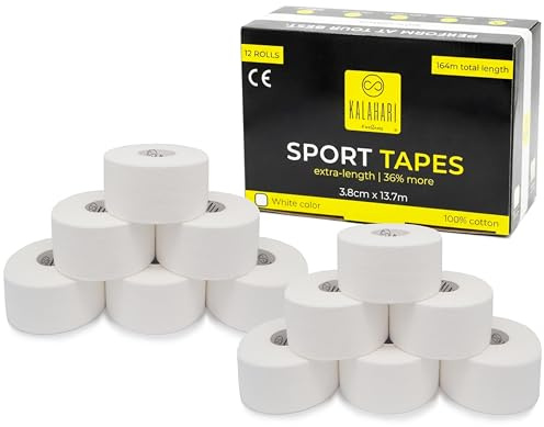 KALAHARI 12 x Tape Vendaje deportivo extra largo (Total 164m), Cinta adhesiva para dedos Voleibol, Fútbol, Escalada, Esparadrapo Deportivo, Sport Tape, No elástico, 100% algodón, Blanco, 3,8cm x 13,7m