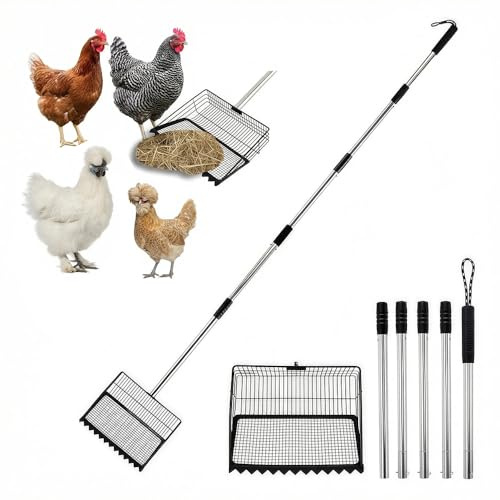 SINBINTA 175cm Adjustable Chicken Poop Scooper (25 x 175cm/9.8 x 68.5in) | Aluminum Alloy Cat Litter Scoop, Large Head Sifting Shovel for Chicken Coop Cat Litter Box Farm Pet Litter Sand Cleaning