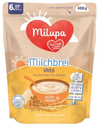 Milupa Milchbrei Grieß – Babybrei ohne Palmöl – Frei von Konservierungs- und Farbstoffen – Ab dem 6. Monat – 4 x 400 g