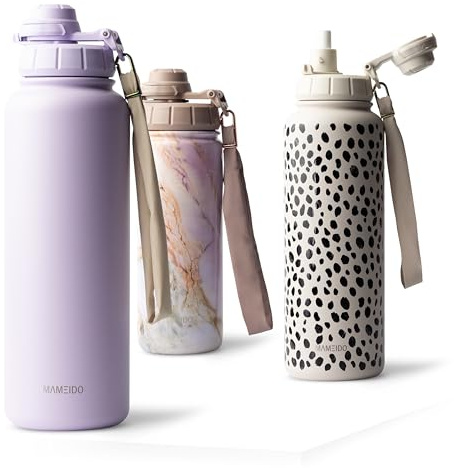 MAMEIDO Thermosflasche mit Strohhalm 700 ml, auslaufsichere Trinkflasche Edelstahl isoliert, Wasserflasche mit Trageschlaufe, Isolierflasche BPA-frei (Lavender Haze)