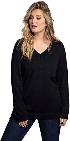 Ulla Popken Pull, Col en V, Manches Longues, Tricot Fin Doux Sweater, Marine, 56-58 Femme