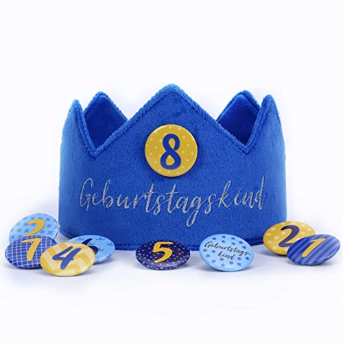 Papierdrachen Corona di compleanno in velluto con numeri – blu – per il compleanno dei bambini – Corona in velluto con numeri da 1 a 8 | Cappello decorativo per feste per ragazzi e ragazze – Set 4