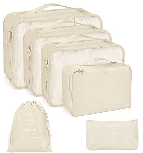 Gimammay Organizador de maleta, juego de 6 cubos de viaje, cubos de embalaje organizador, maleta, Essential organizador, bolsas de viaje impermeables, bolsa de viaje Packing Cubes - gris (beige)
