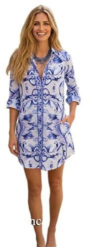 Antica Sartoria - Italia Abito Camicia in Fresco Cotone Stampato con Tasche Laterali, Collo Camicia a Maniche 3/4 Vestito Estivo Donna Casual, bianco 1, S