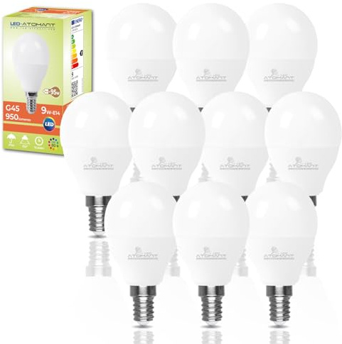 LED ATOMANT Pack 10x Bombilla LED E14 G45 9W, Color Blanco Calido (3000K), 950 Lumenes, Casquillo fino, Equivalente a 95W tradicional
