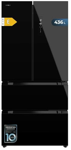 Cecotec Refrigerateur Congelateur 4 Portes Française Bolero CoolMarket FD 436 Black Glass E. Réfrigérateur 436L, verre noir, Total No Frost, MultiAirFlow, Inverter Plus, mode Vacances et alarmes