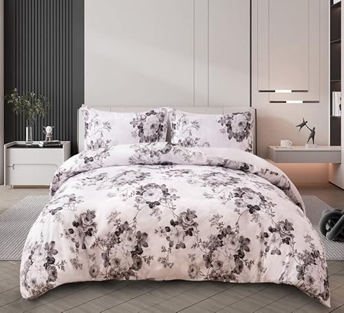 PRIME LINENS Duvet Cover Set 4 Pcs Brushed Microfibre Quilt Cover Bedding Set With Pillow Cases and Extra Fitted Sheet Included (Vintage Floral Grey, Super King)