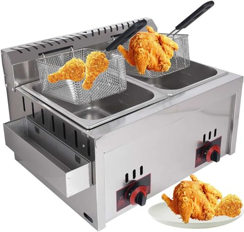 DJXLMN Professionell gasfritös, 10 l x 2 professionell fritös med dubbla lock, säkerhetstermostat fritös för familjerestaurang kommersiella pommes frites
