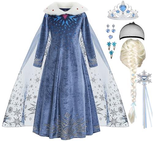 ZaisuiFun Prinsessan Elsa-dräkt för flickor, blå snödrottningsklänning, långärmad, varm, plyschkrage, klänning för halloween, födelsedagar, karnevaler