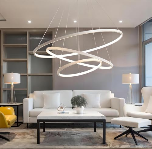 Qiaomao Lustre LED Salon Moderne Suspension Luminaire Blanc 115W, Plafonnier Dimmable avec Télécommande, 3 Anneaux Réglable Lustre Suspendu, Decorative Lampe Pour Chambre, Cuisine, Bureau 40+60+80cm