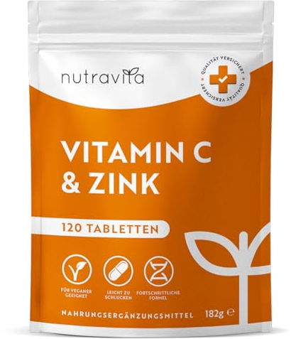 Vitamin C & Zink - 120 Tabletten - Hochdosiert mit 1000mg Vitamin C + 20mg Zink - Laborgeprüft, vegan & optimal bioverfügbar - ohne unnötige Zusatzstoffe - Unterstützung des Immunsystems - Nutravita