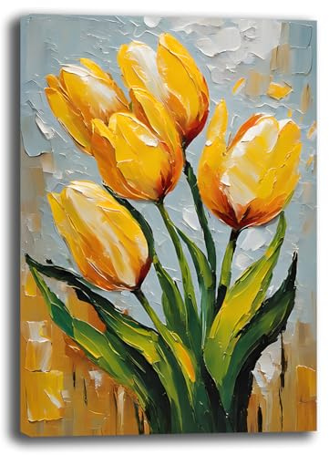 Printerland Quadro Moderno Soggiorno FIORI Tulipani Gialli Astratto Quadri moderni da Parete XXL grande Stampa su tela Canvas Decorazione Murale muro Arredo Camera da letto Cucina (14, 70x100 cm)