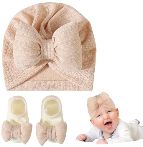 Kunyeah Nyfödd baby flickor hatt stickade strumpor set spädbarn mössa mössa baby sjukhus hattar småbarn mjuk varm mössa för 0-12 månader, BEIgE, one size