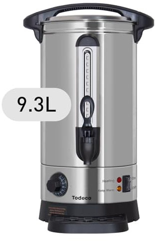 Todeco Glühweinkocher 9,3L, 1500W Heißwasserspender aus Edelstahl mit Auffangschale, Zapfhahn, Thermostat, Wasserstandsanzeige, Temperatureinstellung 30-110°C Heißgetränkeautomat