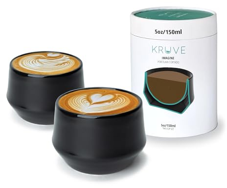 KRUVE IMAGINE Porcelain Latte Coffee Cups, Double Walled Latte Cups, Glass Cups Set of Two - 5oz Thermal Spherical Design for Latte Art, Insulated Coffee Mugs for Heat Retention (Black)