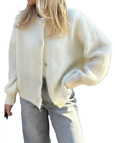 Gilet Col Rond Femme Cardigan en Tricot Court à Manches Longues Pull Veste Boutonnée Casual Vêtement d’éxtérieur Hiver Chaud (Blanc, S)