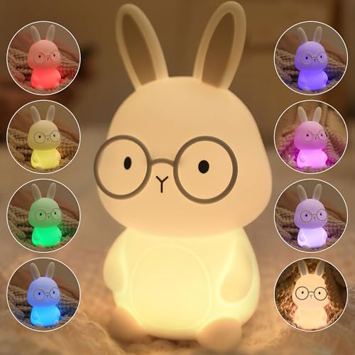 FAMIDUO Lampara Quitamiedos Infantil Conejo con Gafas, Luz Bebe Nocturna USB Recargables con Control Táctil, Lampara Bebe Noche de Silicona, Ajuste de Brillo, Luz Nocturna Infantil Regalo para Niños