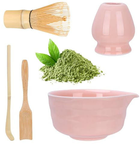 Matcha-set rosa med matcha kvast matcha skål med hällhållare av keramik och sked – 5 stycken matcha set rosa för teälskare