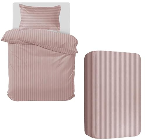 MOONLIGHT20015 3 Piece Single Bedding Set Satin Stripes Duvet Cover Fitted Sheet with Pillow case Hotel Quality Soft Brushed Microfiber Peach