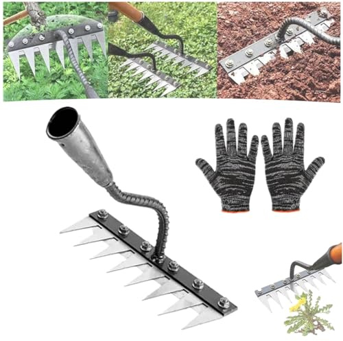 Rastrillo de hierro 2.0 con mango, rastrillo de deshierbe de hierro, rastrillo de deshierbe de jardín de acero al carbono de 5/6/7/8 dientes para desmalezar