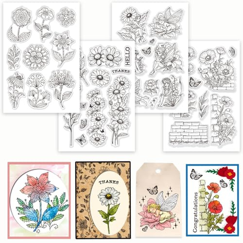 GLOBLELAND 4 hojas sello de flores para scrapbooking margaritas hadas sello de silicona Wallflowers lirio transparente set de sellos para hacer tarjetas DIY repujado diario