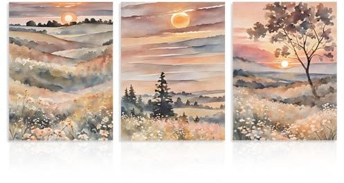 Dazzlewall 3pcs Watercolour Landscape Wall Art, Wildflower Mountain Sunrise Artwork Print, Sunset Nature Scenery Wall Decor for Living Room, 12x16 in Unframed