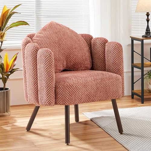 Ckaff Fauteuil de Salon avec Coussin, Fauteuil Coiffeuse avec Dossier Pétale, Chaise Coquillage avec Pied Bois Chaise Coiffeuse Coussin Confortable pour Salon Bureau Chambre (Rose, Lot de 1)