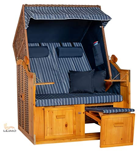 LILIMO Strandkorb Ostsee | Variante B in Blau gestreift | Geflecht Natur | Inkl. Schutzhülle | 2-Sitzer Ideal für Garten Terrasse und Balkon
