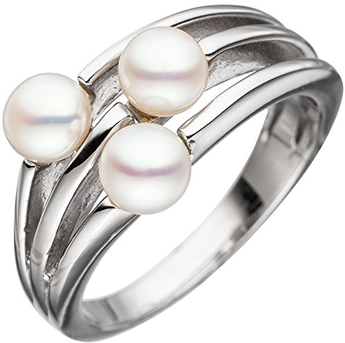 Jobo Damen Ring 925 Sterling Silber rhodiniert 3 Süßwasser-Perlen Perlenring Größe 54