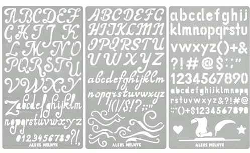Aleks Melnyk Metall Brandmalerei Stencil, Vintage Schrift, 3 Stück, Bullet Journaling