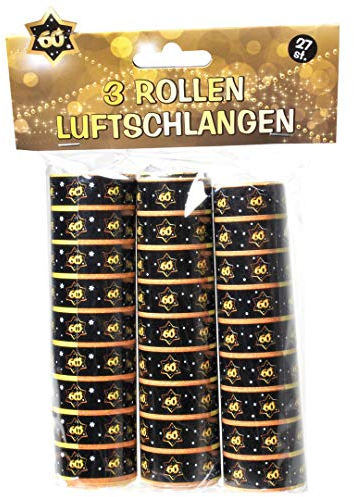 Udo Schmidt 13008 - Luftschlangen aus Papier 3 Rollen je 9 Stück - schwarz / gold - Zahl: 60 Geburtstag