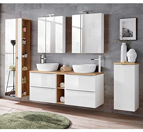 Lomadox Komplett Badmöbel Set mit Doppel-Waschtisch inkl. 2 Keramik-Aufsatzbecken 50cm, Hochglanz weiß & Wotaneiche inkl. LED-Spiegelschrank