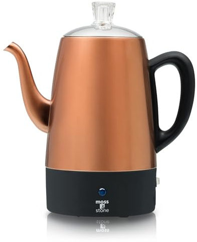 Moss & Stone 10 Cup Copper Percolator Coffee Pot Electric, Stainless Steel Coffee Percolator Electric With Keep Warm Function, Classic Perculator Pot With Removable Basket for Home or Office
