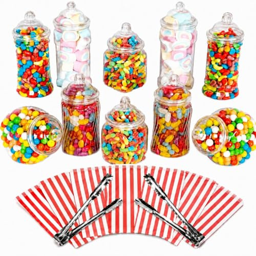 Truly Sweet Candy 10 Plastic Sweet Jars, 5 styles, 2 tongs, 50 bags Buffet (Red)
