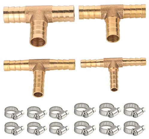 GTIWUNG 4Pcs Connecteur de Tuyau de Carburant en T à 3 Voies, Adaptateur de raccord de Tuyau de Joint en Laiton pour l'huile de Gaz d'air d'Essence (6/8/10/12mm) + 12Pcs Collier de serrage Tuyau