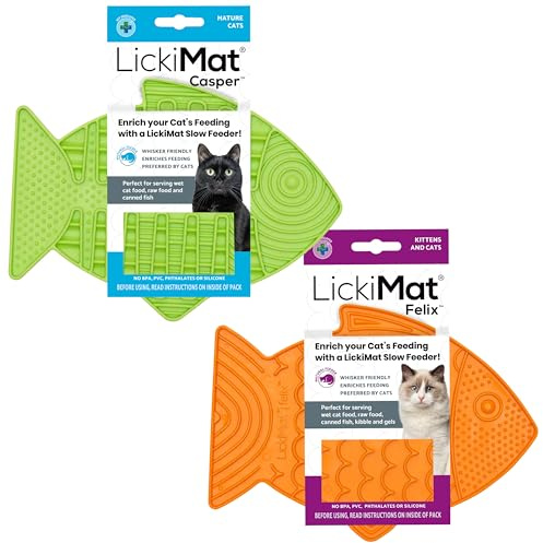 LICKIMAT Casper & Felix, Fish-Shaped Cat Slow Feeders Lick Mat, Boredom Anxiety Reducer; Perfect for Food, Treats and Anxiety Reduction. (Green & Orange, Casper & Felix)
