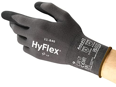 Ansell HyFlex 11-840 Professionelle Arbeitshandschuhe, Rutschfeste Nitril-Beschichtung, Industrie-Schutzhandschuhe für Mechanik, Werkstatt und Montage, Waschbare, Schwarz, Größe L (3 Paar)