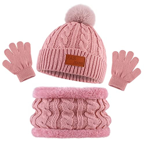 Bekecidi Conjunto de Bufanda Gorro y Guantes, Caliente Sombrero de Punto Beanie Gorros Térmico con Bufanda Guantes Forro Polar Set Accesorios de Invierno para Niña y Niños 1-5 Años (Rosa)