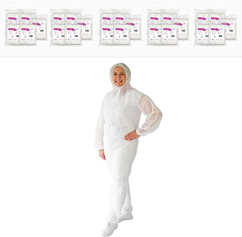 ARNOMED Tuta monouso in PP, 50x tuta bianca usa e getta, tuta di protezione XL (140x178cm), tuta protettiva monouso con cappuccio, tuta imbianchino usa e getta per uomo/donna, tuta da lavoro monouso