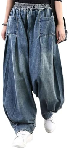 ebossy Women's Denim Harem Pants Elastic Waist Pleated Wide Leg Baggy Jeans, Blue, M