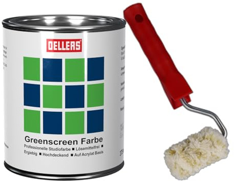 OELLERS Greenscreen Farbe, Chroma Grün, 375ml, Studio- & Wandfarbe, für Studioaufnahmen, Videoproduktionen und Fotosessions. Inkl. Farbroller