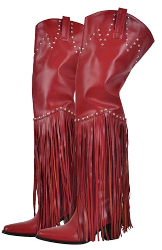 richealnini Women's Thigh High Boots with Tassels Western Cowboy Boots Zip Up Wide Calf Sock Booties Long Shaft Almond Toe Block Heels Rivets Punk Riding Combat Motocycle Cowgirl Boots Red Size 8
