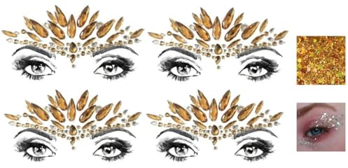 BeyondTattoos 4 Piezas Cara Brillante Oro Gemas Pegatinas Purpurina Diamantes De Imitación Maquillaje Y Brillo Dorado BFG34x4
